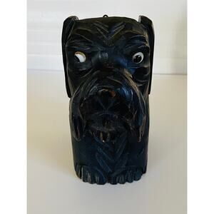 VINTAGE Carved Wooden Terrier Dog Brush Holder Glass Eyes Black Forest Germany